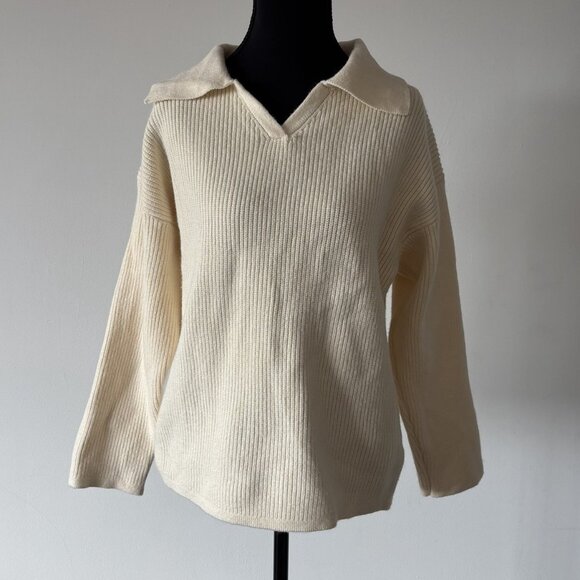 Lucca Women’s V Neck Sweater Polo Collar Size XS Beige Academia Neutrals Capsule - Picture 3 of 14